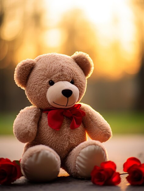 Photo teddy bear near bouquet of roses