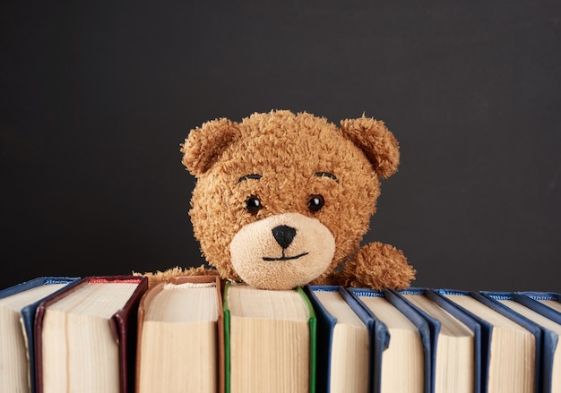 Teddy bear peeking out from behind a stack of books