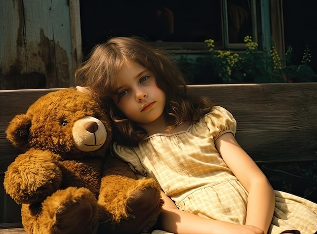 Teddy Bear picnic happy child girl kid holding fluffy toy with little hand sitting on grass