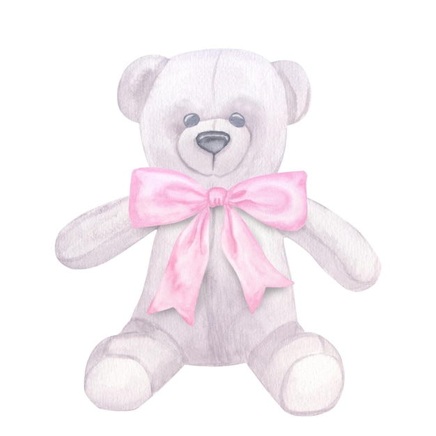 teddy bear pink bow toy watercolor illustration isolated on white background gender reveal party