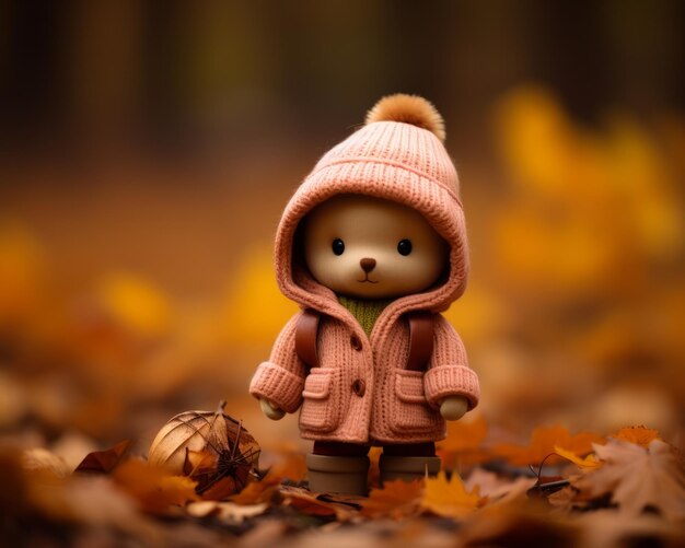 A teddy bear in a pink coat standing in a pile of fallen leaves