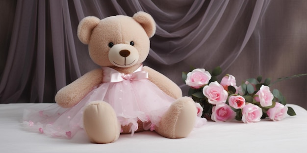 A teddy bear in a pink dress sits on a bed with pink roses behind it.