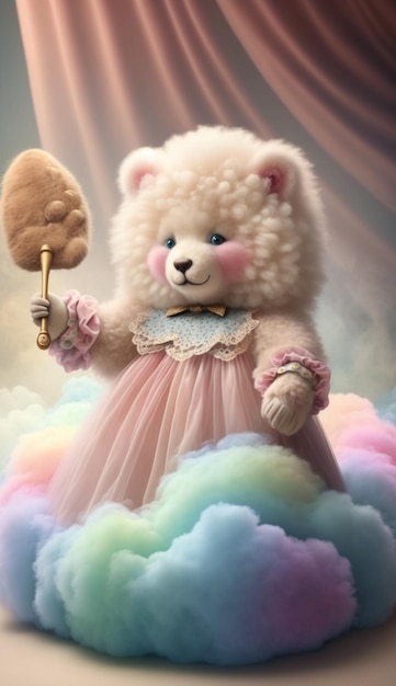 A teddy bear in a pink dress with a bow on it and a pink bow tie.
