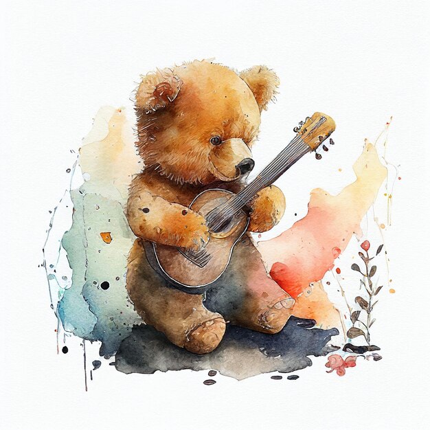 Photo teddy bear playing guitar watercolor style generative ai