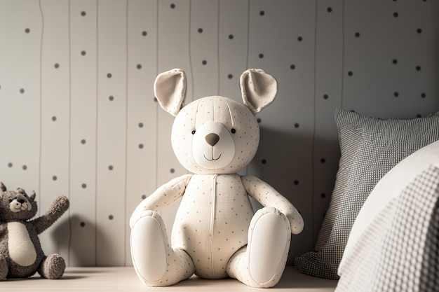 Teddy bear and rabbit shaped doll in the kids room with a wall as a backdrop