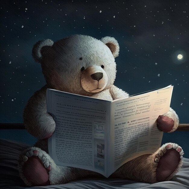 A teddy bear reads a book by the moon.