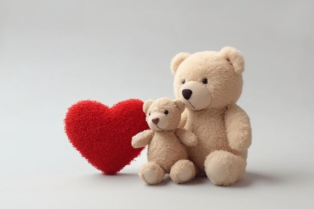 A teddy bear and a red heart are sitting next to each other