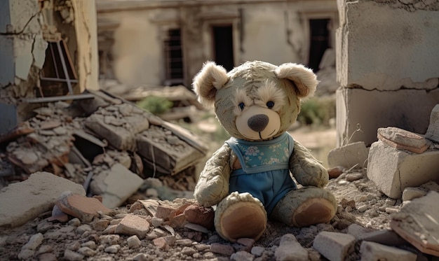 Teddy bear on the ruins of the house after the earthquake generative AI