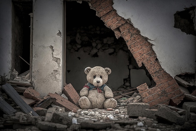 Teddy bear on the ruins of the house after the earthquake