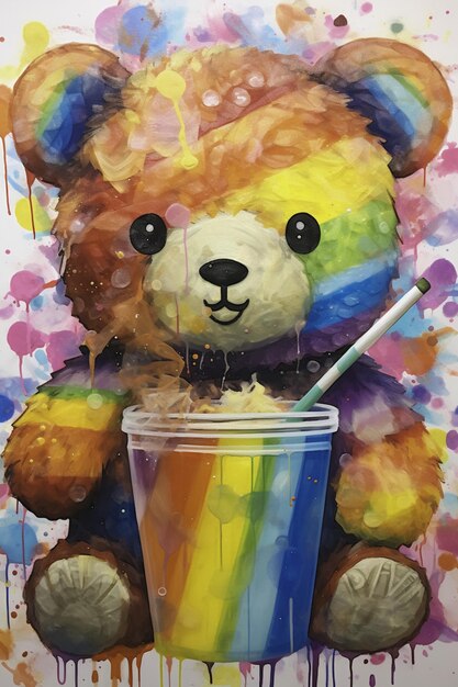 Foto l'opera d'arte della bevanda arcobaleno dell'orso di peluche