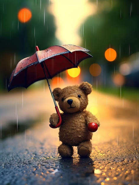 Стойкость плюшевого мишки, выдерживающего дождь с красочным зонтом Генеративный ИИ