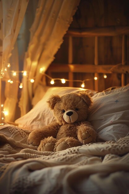 Foto orsacchiotto seduto sul letto generato dall'ai