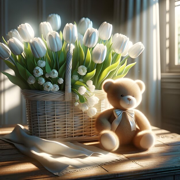 a teddy bear sits next to a basket of white tulips