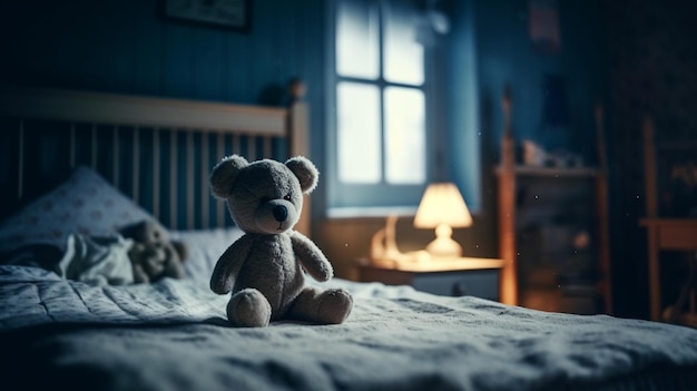 Плюшевый мишка сидит на кровати в темной комнате.