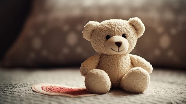 A teddy bear sits on a bed with a heart on it.