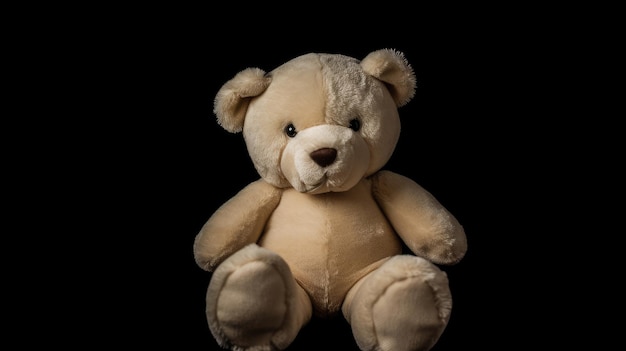 A teddy bear sits on a black background.