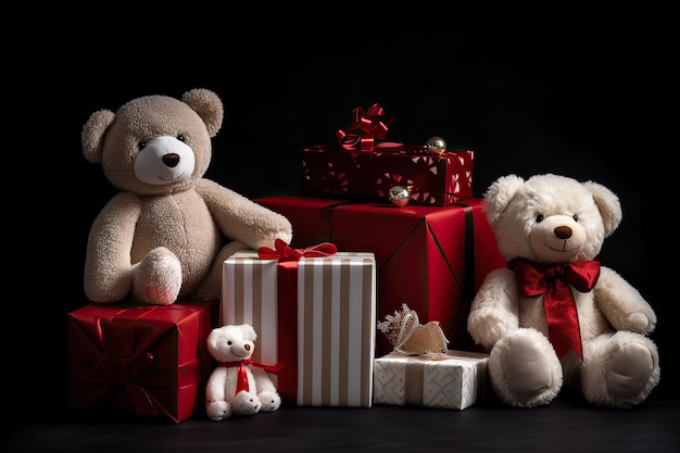 A teddy bear sits next to a bunch of presents