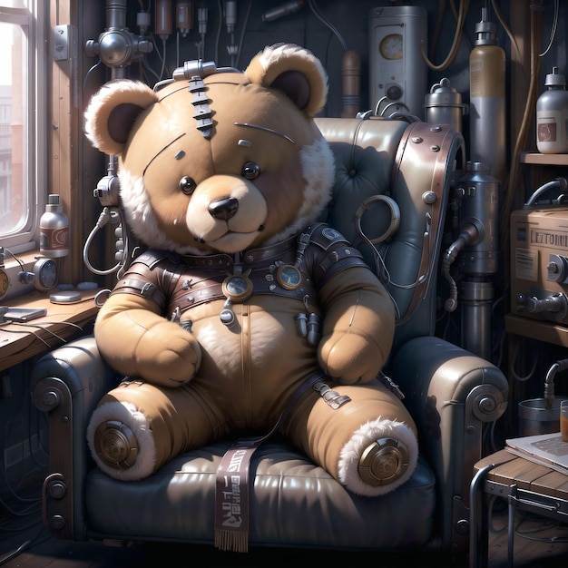 A teddy bear sits in a chair