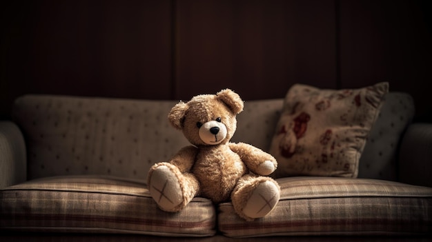 A teddy bear sits on a couch in a dark room.