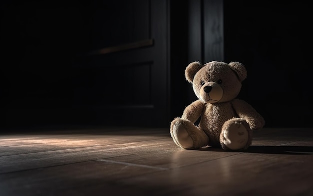 A teddy bear sits on a dark floor in a dark room.