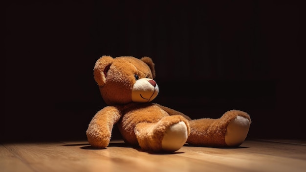 A teddy bear sits on the floor in a dark room.