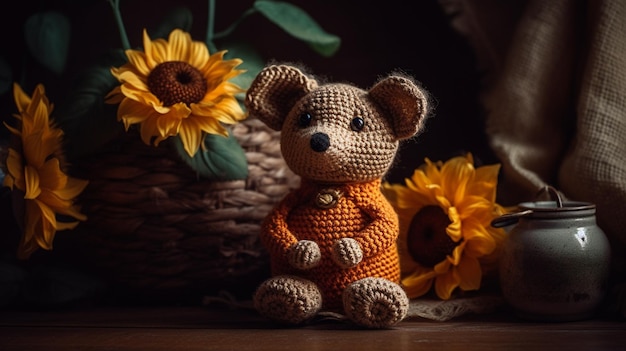 A teddy bear sits in front of a basket of sunflowers.