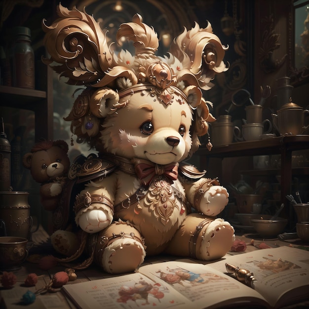 A teddy bear sits in front of a book