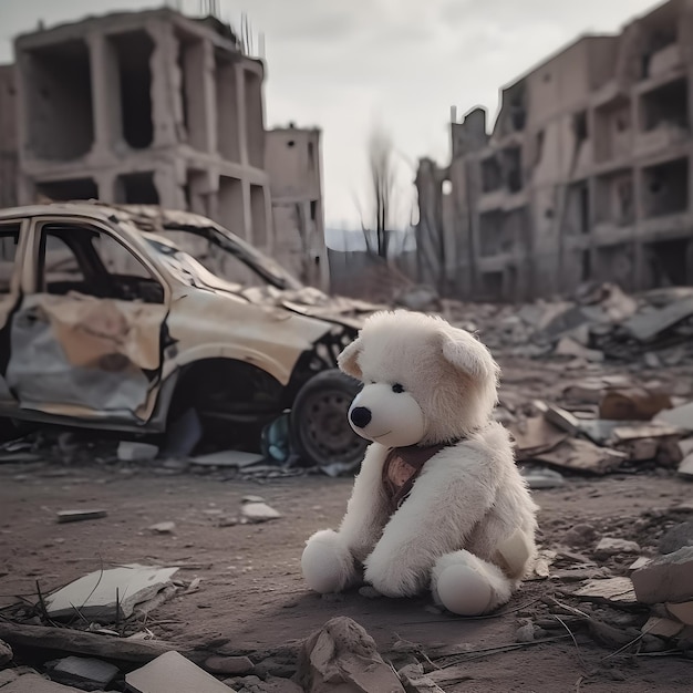 A teddy bear sits in front of a destroyed building.