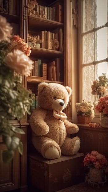 A teddy bear sits in front of a window with flowers on it