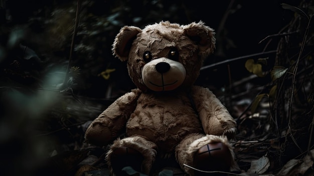 A teddy bear sits on the ground in the dark.