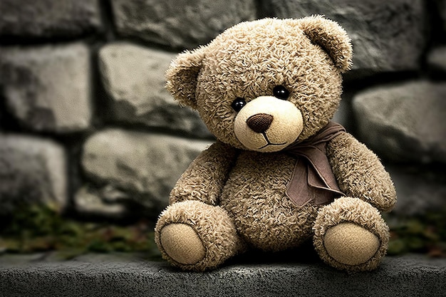 Teddy bear sits outside near the wall Generative AI