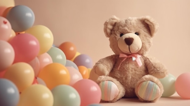 A teddy bear sits among a pile of balloons.