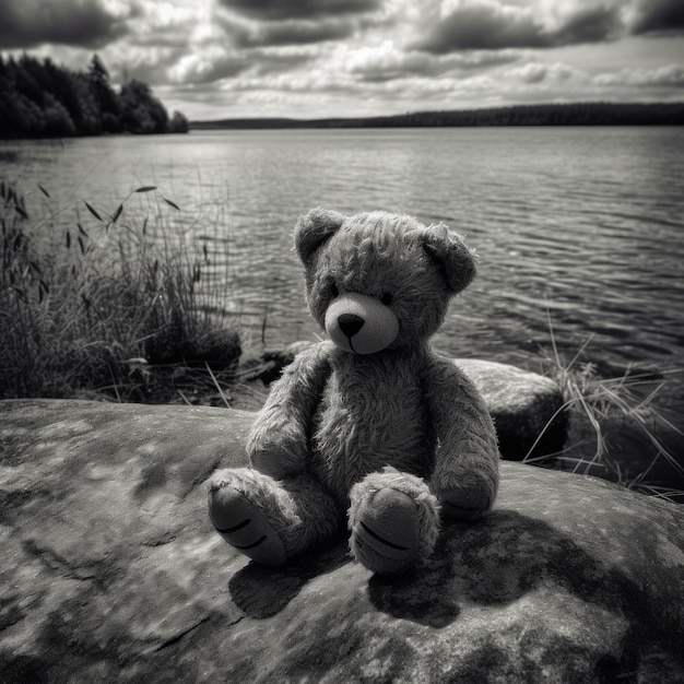 Photo a teddy bear sits on a rock by the water