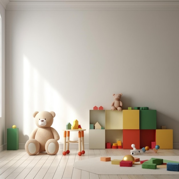 A teddy bear sits in a room with many blocks.