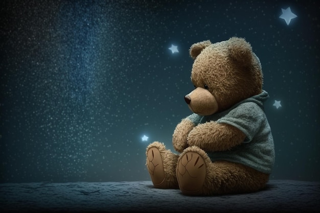 A teddy bear sits on a starry night