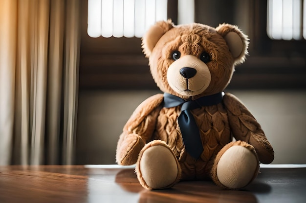 A teddy bear sits on a table in front of a window.