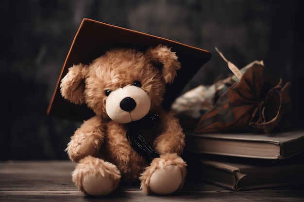 A teddy bear sits on a table with a book and a book.
