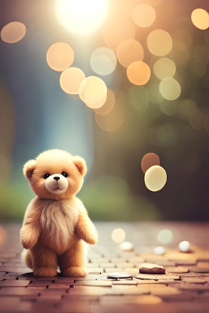 A teddy bear sits on a wet surface with a blurry background.