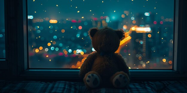 테디 베어는 도시를 내려다보는 창문 앞에 앉아 있으며, 다채로운 로와 함께 창문에서 울고 있는 외로운 테디입니다.