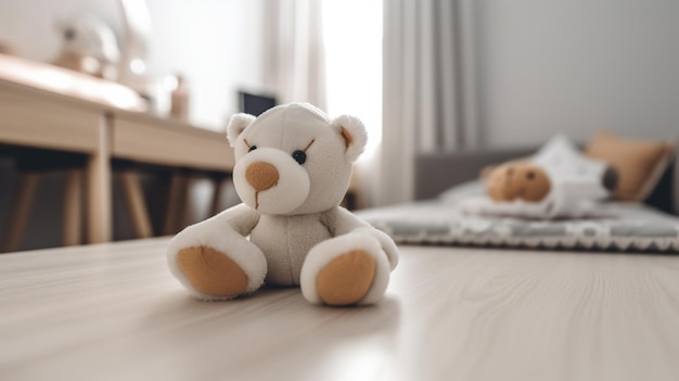 A teddy bear sits on a wooden floor in a bedroom.