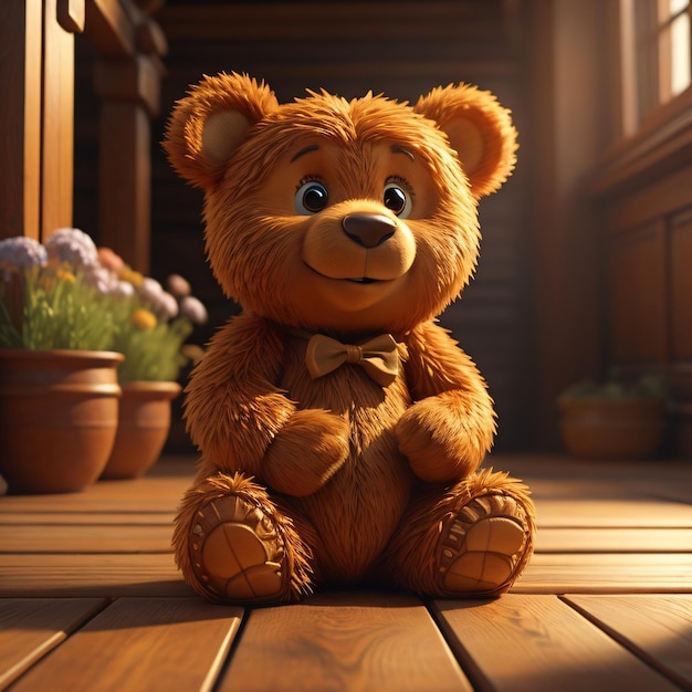 A teddy bear sits on a wooden floor in a house with flowers in the background