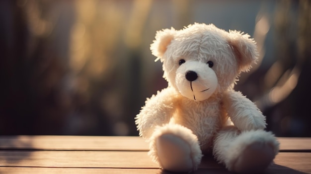 A teddy bear sits on a wooden table.