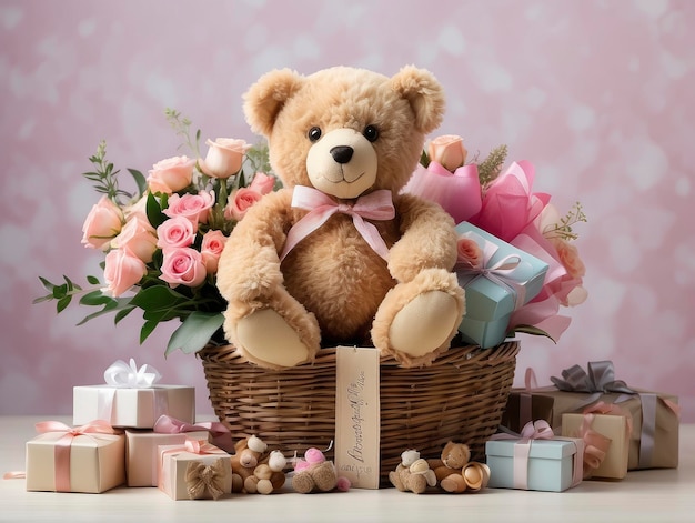 a teddy bear sitting in a basket with flowers and gifts around it