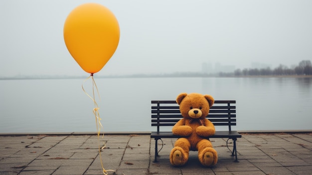 a teddy bear sitting on a bench next to a balloon