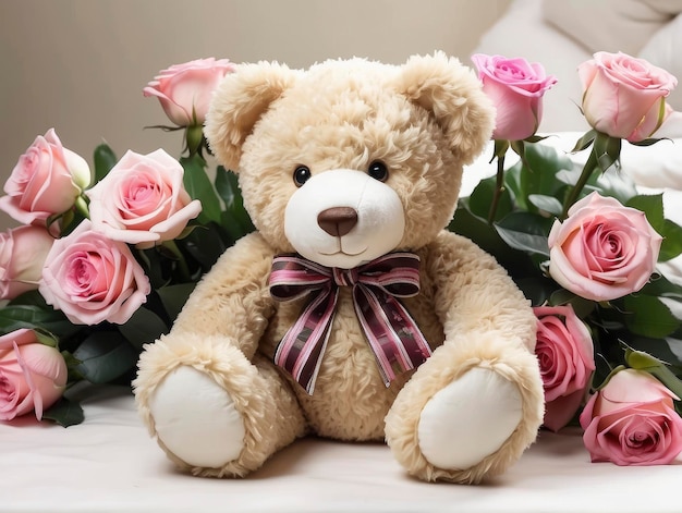 a teddy bear sitting next to a bunch of pink roses on a bed