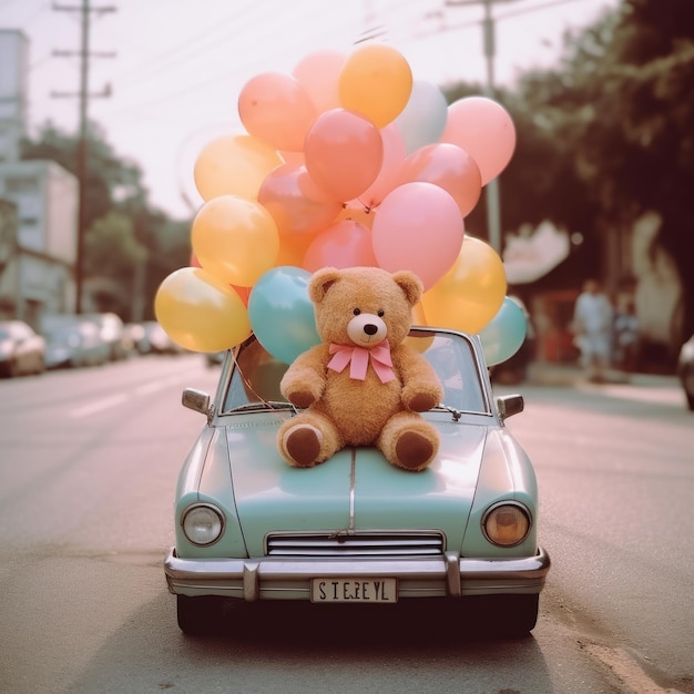 Photo teddy bear sitting on car with huge balloon generative ai