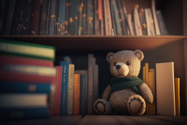 Teddy bear sitting in front of bookshelf with scarf around it's neck Generative AI