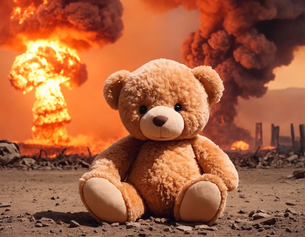 Teddy bear sitting on the ground in front of a big explosion during the war