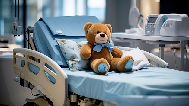 Teddy bear sitting on hospital bed in childrens ward