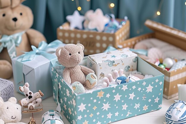 Photo teddy bear sitting inside blue box a cute and playful stuffed animal in a cozy container a cute themed gift box for a baby shower with pictures of toys and baby items ai generated